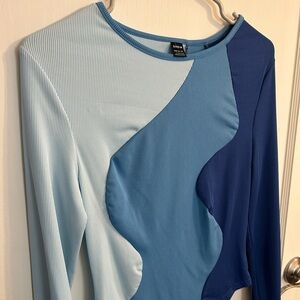 Women’s blue retro long sleeve ribbed bodysuit